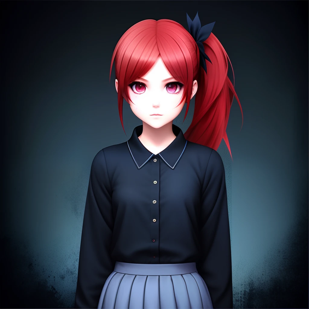 Red haired girl in a ponytail one white eye and one black eye demon and wearing a dark blue skirt with a black shirt with long sleeves