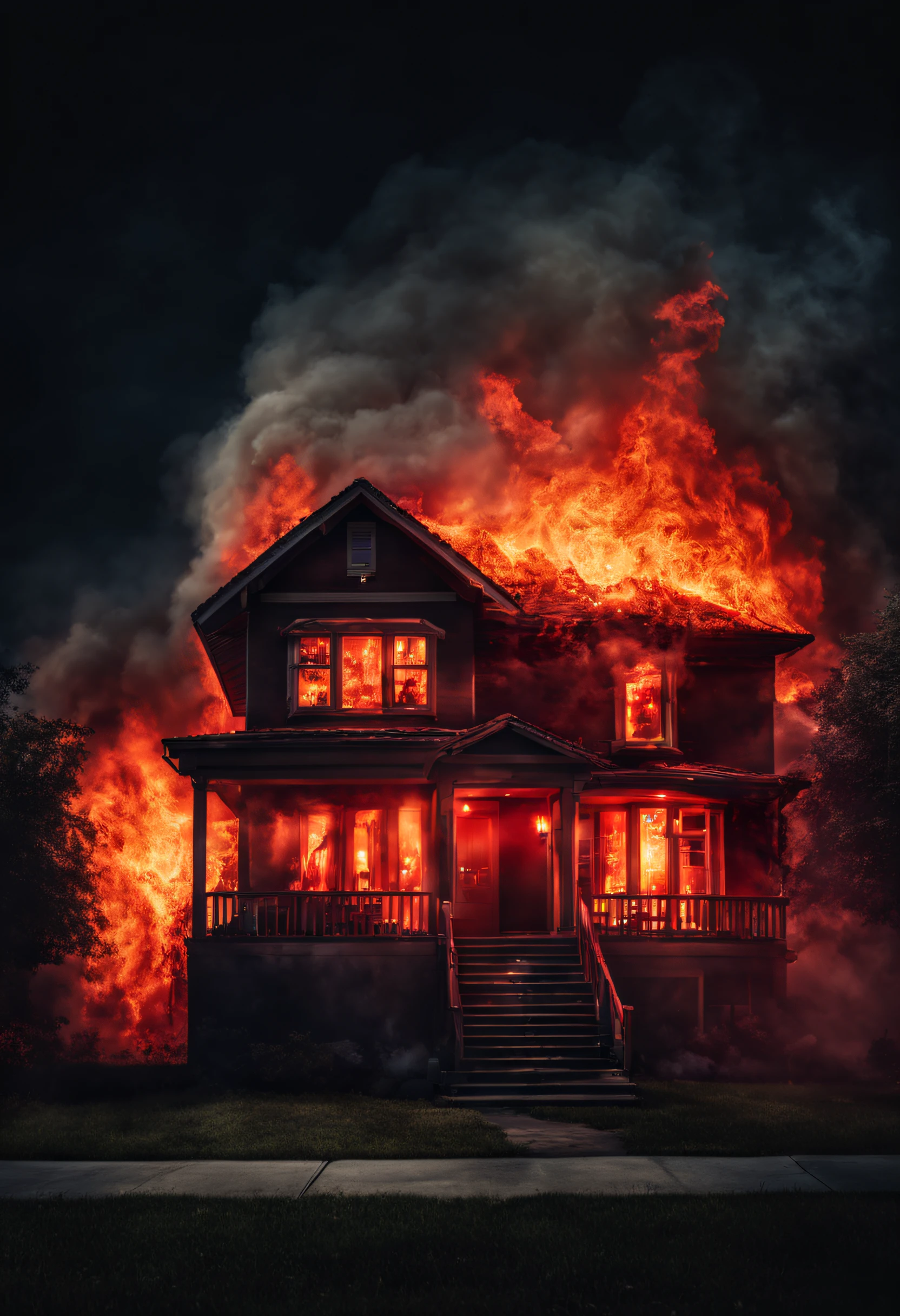 modern family house engulfed in fire movie poster, red emergency light flashing, flames, night sky, depth of field, vignetting, panorama, wide shot, Wide-Angle, high details, masterpiece
