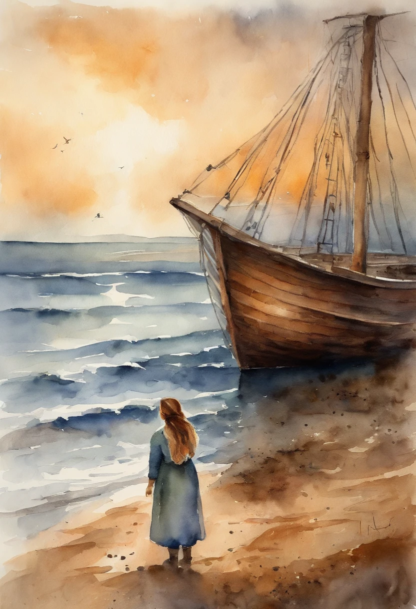 A girl stands at the side of a wooden ship and looks at the sea, dawning, light haze, Brooding atmosphere