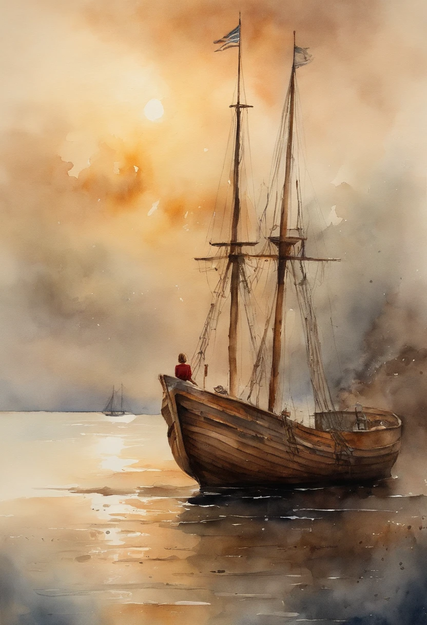 A girl stands at the side of a wooden ship and looks at the sea, dawning, light haze, Brooding atmosphere