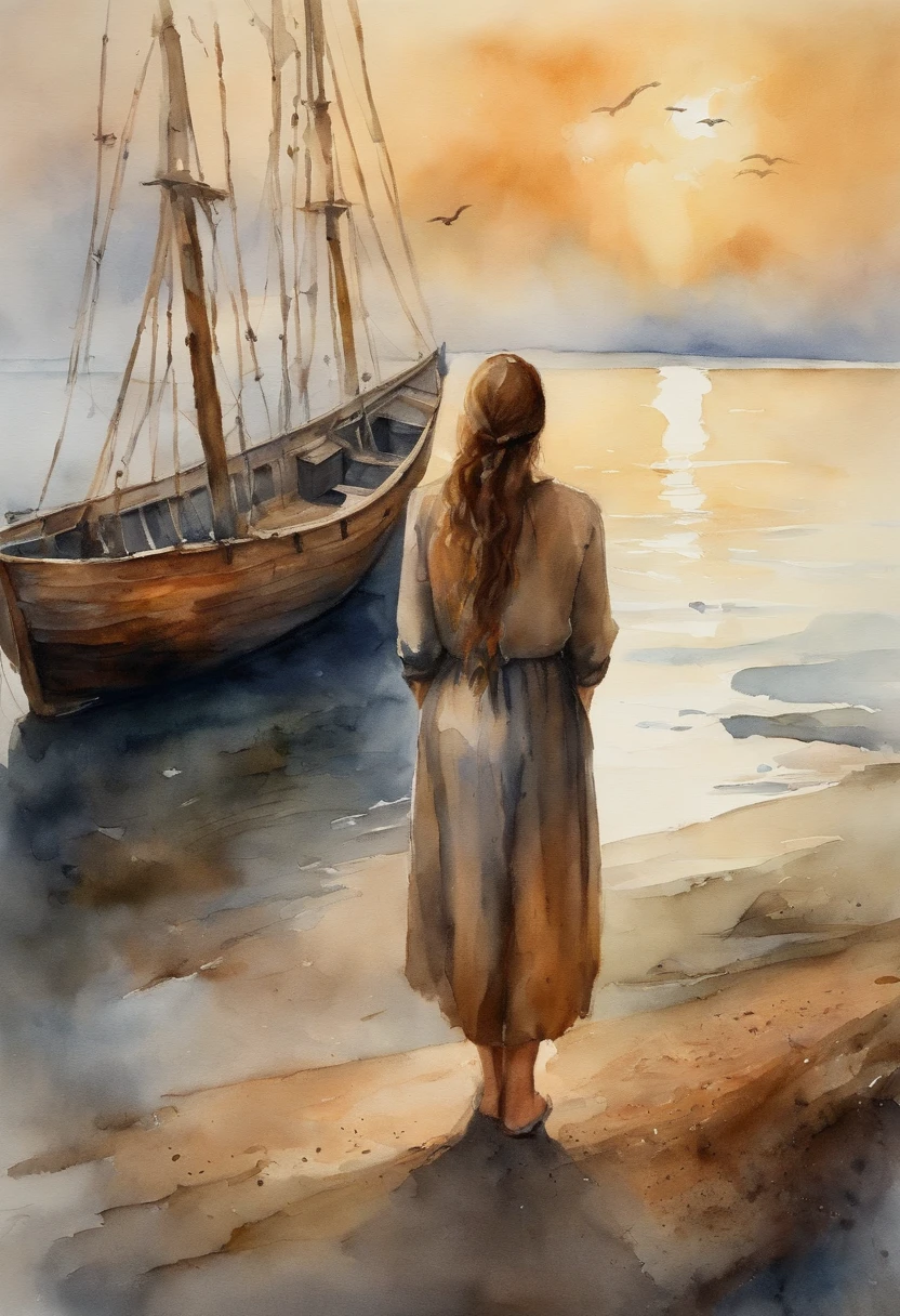 A girl stands next to a wooden ship and looks at the sea, madrugada, Light fog, Taciturn atmosphere
