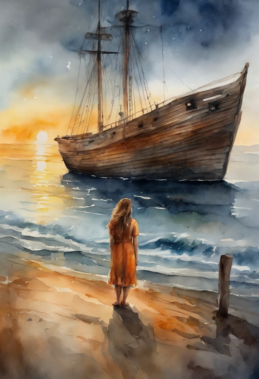 A girl stands at the side of a wooden ship and looks at the sea, dawning, light haze, Brooding atmosphere