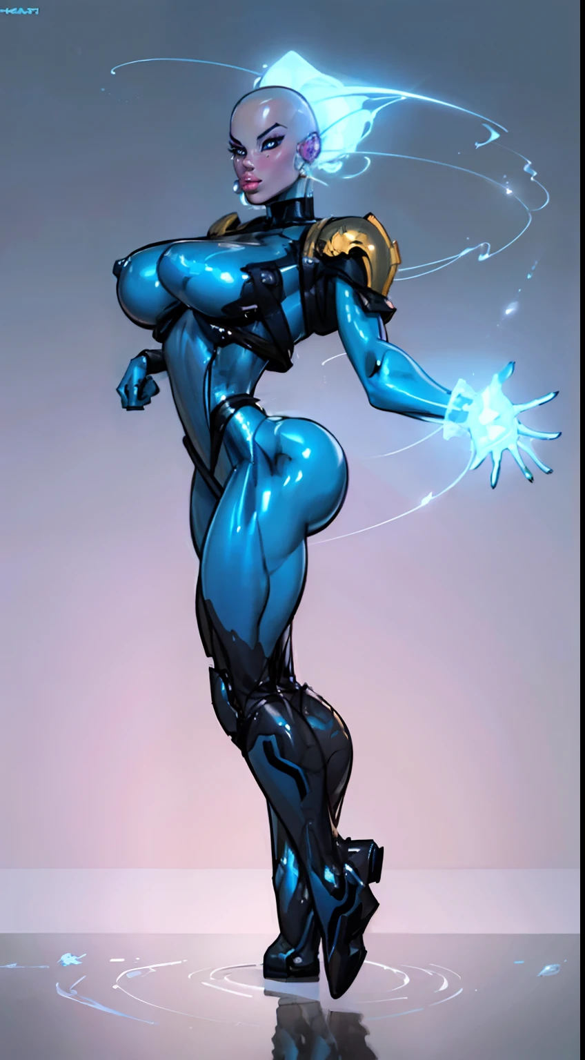 ((Radiant Aura:1.7)), 8k ((full back view:1.4))((below view:1.7)) (large eyes:1.3), defined cheekbones, looking back, ((the pit style:1.4))((sleek chrome bodysuit:1.6)) ((zentai bodysuit:1.6)), ((visor))((intricate metal details:1.4))detailed face:1.5), lightblue skin,(puffy lips:1.5) (lightblue skin:1.6), (bald woman:1.7), (skinhead) ((sexy pose)),(Muscular:1.3), ((gigantic breasts:1.5)), )highly detailed, majestic, digital photography, art by artgerm and ruan jia and greg rutkowski, ((metal shoulder pads:1.2)), (masterpiece), sidelighting, intricate details, black and blue color palette