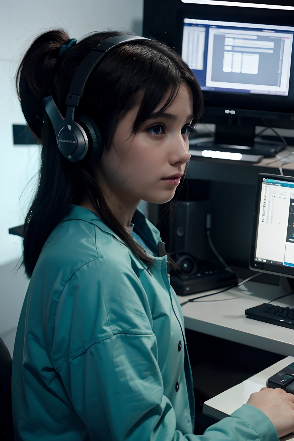 lo fi ambient a girl listening music and studying in her computer animation futuristic 3d