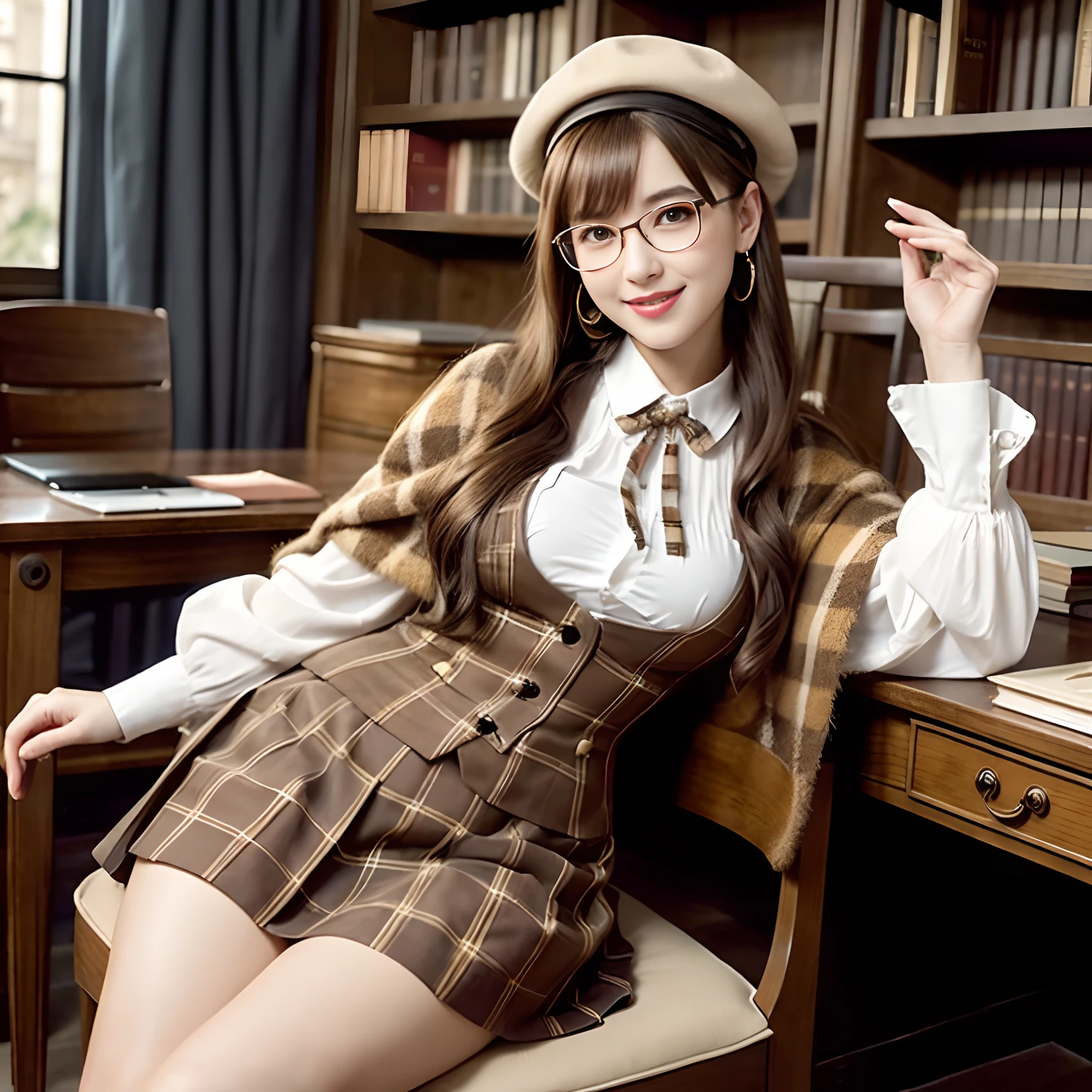 (((Best Quality, masutepiece, 超A high resolution、The most complex and detailed depictions)))、(1人の女性、Elegant round glasses、Pill glasses)、(((Plaid brown cape with plaid brown beret and brown check skirt、white  shirt、Outfit unified in brown and plaid、Uniform outfits、steampunk outfit、Victorian costume)))、((retro vibes、Rooms at Medieval Europe、Huge bookshelf、Bookshelves on the wall、Classy chairs and desks near bookshelves、1 desk and 1 chair、The perfect way to sit、Sit in a classy chair))、Calm and elegant rooms、Warm color lighting、Perfect gas chamber、Perfect fingers、A slender、Breasts bulging out from under clothes、Beautiful white teeth、Perfect shiny hair and skin、perfect anatomia、Smile、perfect hand