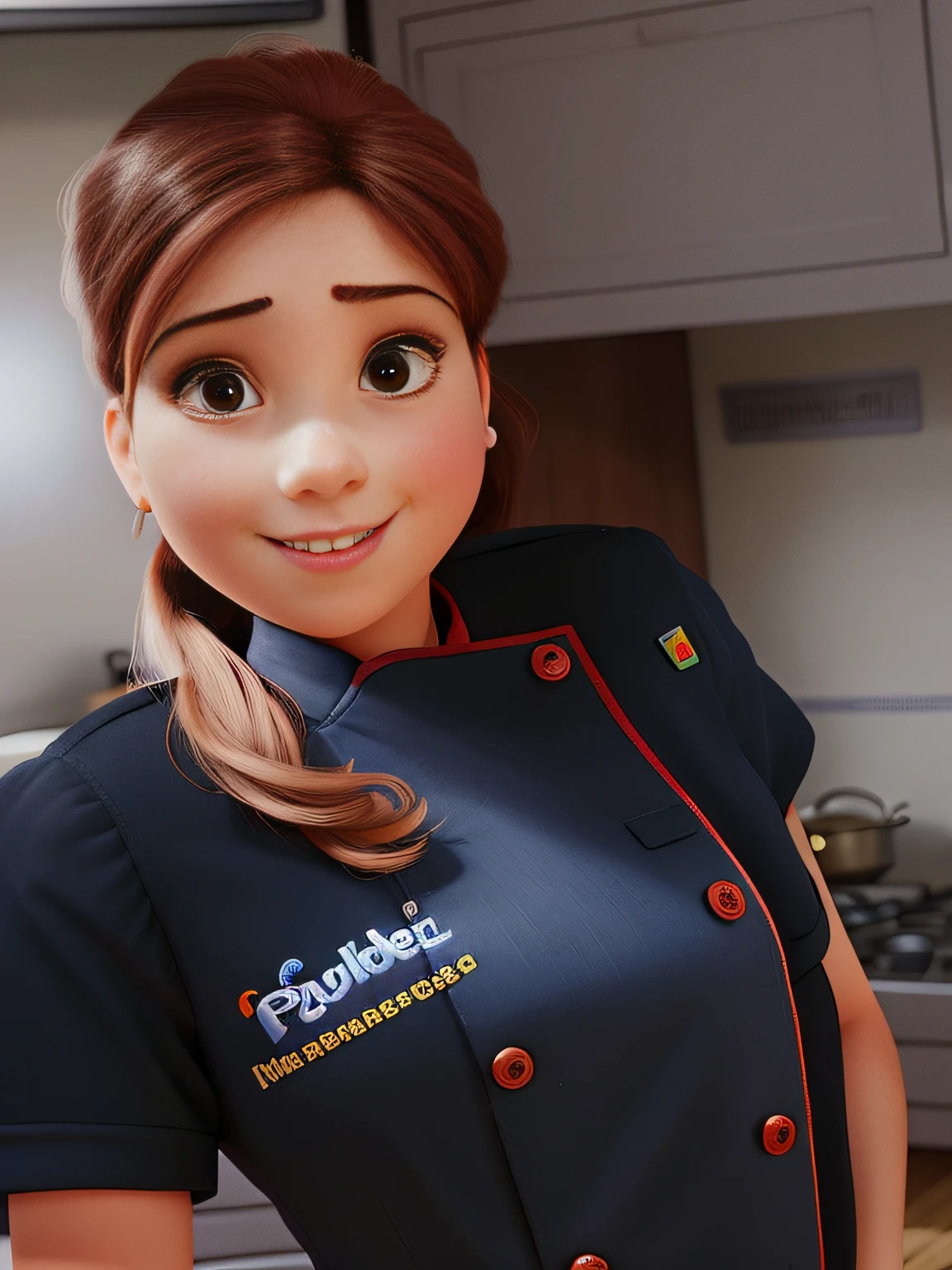 una mujer, vestida de chef, cabello rubio, estilos pixar disney, en alta calidad