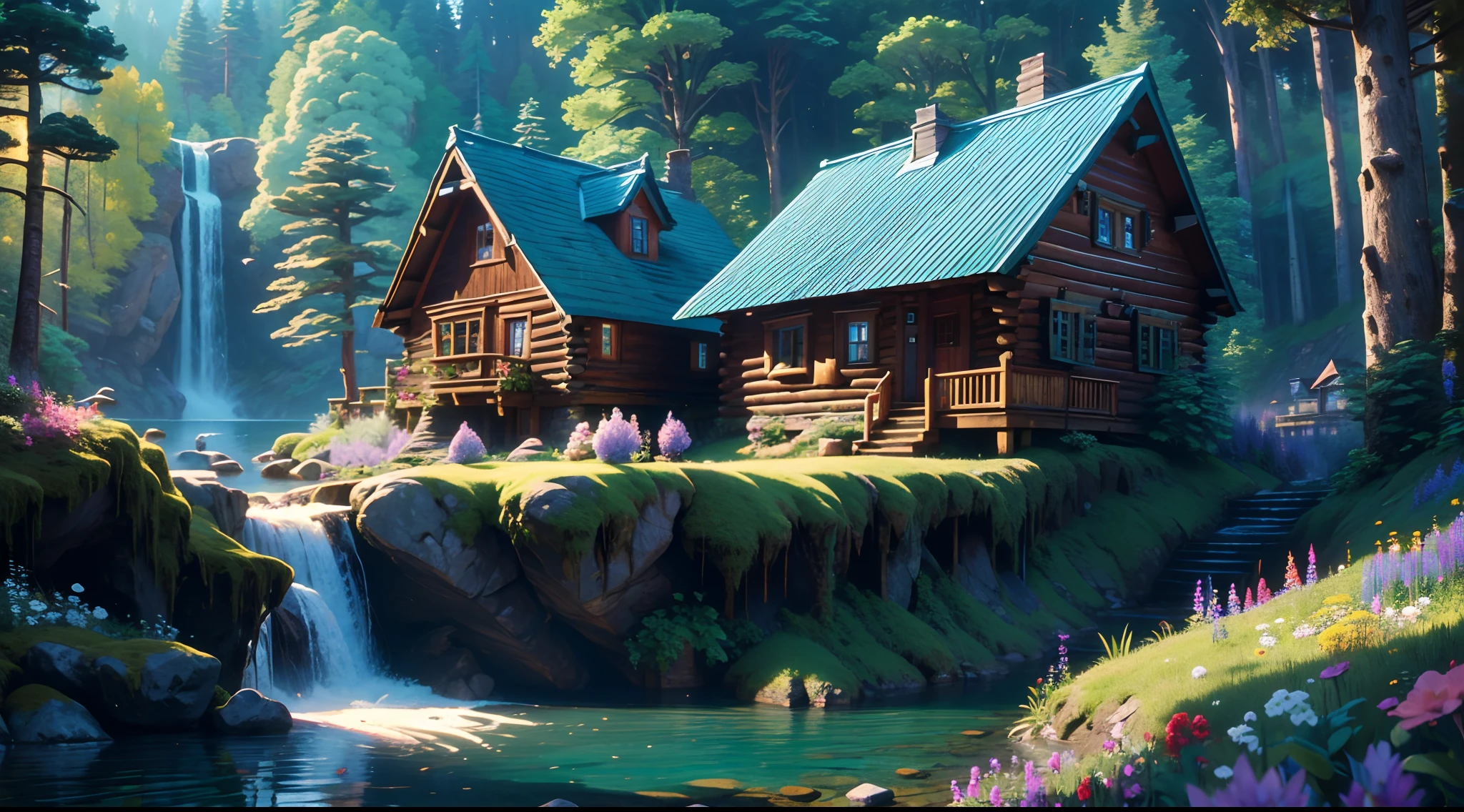 exaggerated and Dynamic scene - A wooden cottage, built on the right side of a small waterfall that flows into a lake on the left side surrounded by rocks and flowers.  The forest in the background has tall trees and the sky is blue, |  digital painting with impressionist style and atmospheric perspective, masterpiece, best quality, best details, 16K