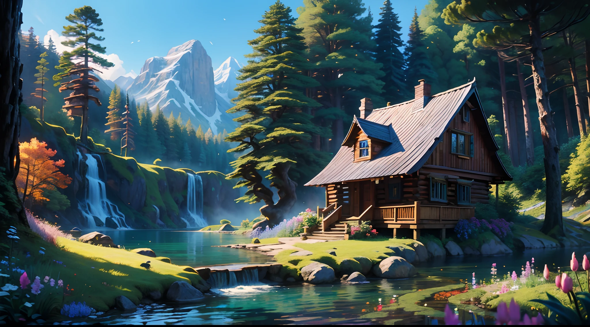 exaggerated and Dynamic scene - A wooden cottage, built on the right side of a small waterfall that flows into a lake on the left side surrounded by rocks and flowers.  The forest in the background has tall trees and the sky is blue, |  digital painting with impressionist style and atmospheric perspective, masterpiece, best quality, best details, 16K