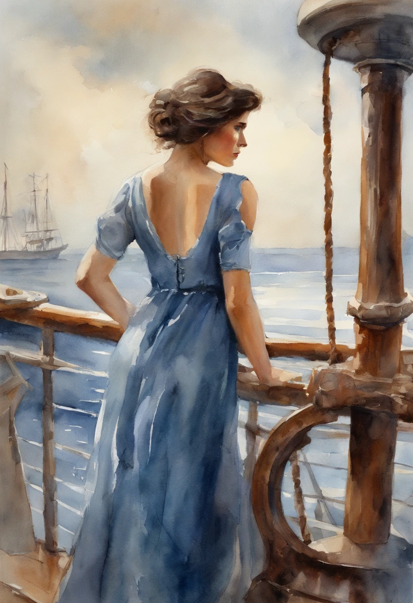 Girl with dark hair in a blue dress, standing on the deck of a ship, looks into the distance, dawning, Light haze, Brooding atmosphere
