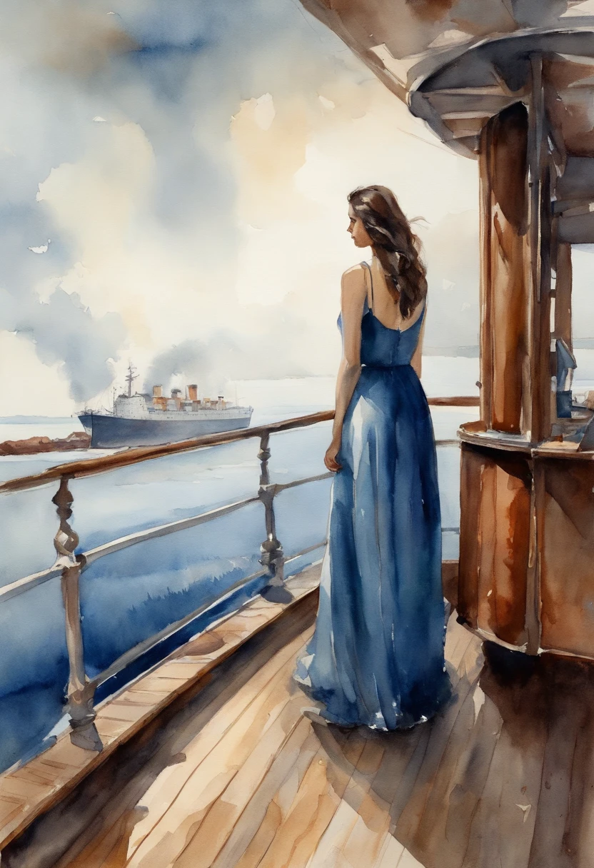 Girl with dark hair in a blue dress, standing on the deck of a ship, looks into the distance, dawning, Light haze, Brooding atmosphere