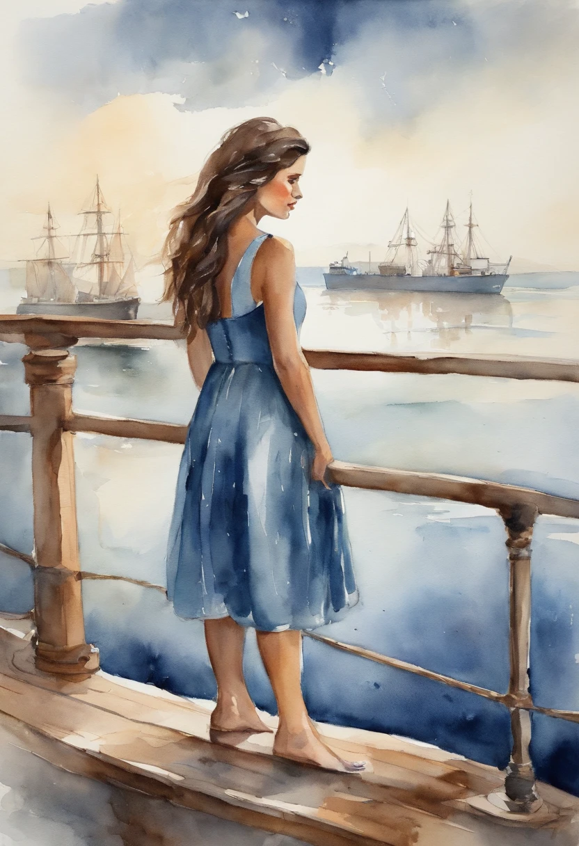 Girl with dark hair in a blue dress, standing on the deck of a ship, looks into the distance, dawning, Light haze, Brooding atmosphere