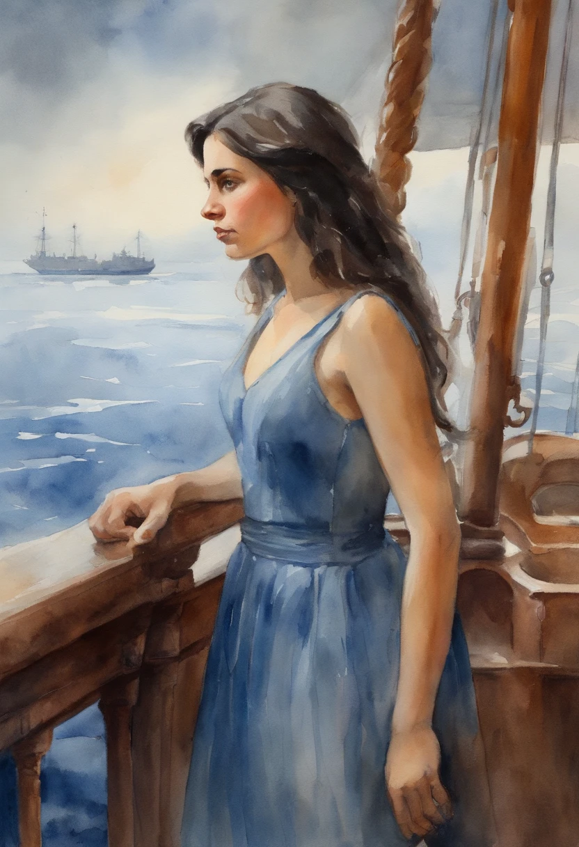 Girl with dark hair in a blue dress, standing on the deck of a ship, looks into the distance, dawning, Light haze, Brooding atmosphere
