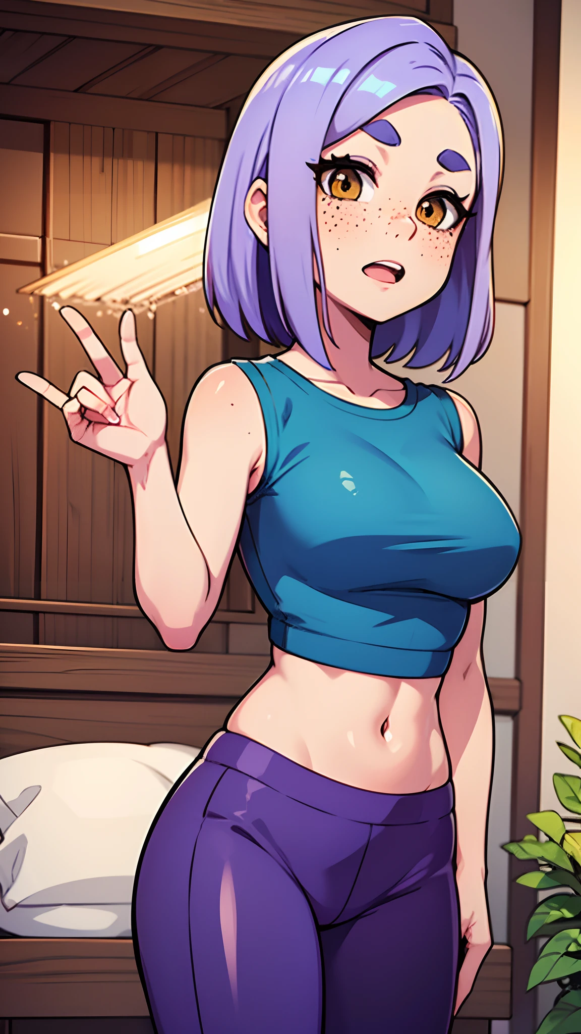 masterpiece, best quality, highres, dragon ball, blmpony, ((aqua hair)), medium hair, medium breasts, (((gray tanktop, crop top))), belly button, (((grey panties))), ((panties)), ((layed in bed)), head band, smile, (futuristic bed), metal tiled background, (no pants)