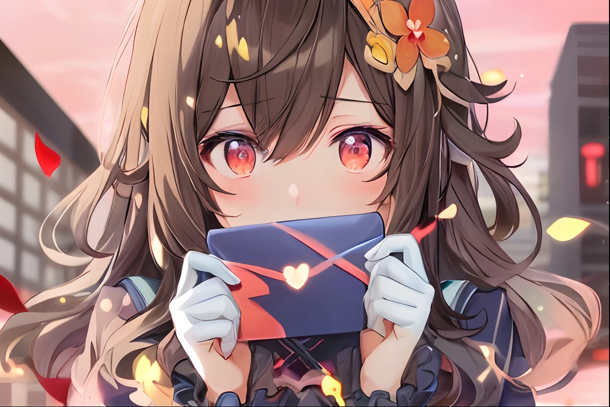 anime girl with brown hair and red eyes sitting in a car, anime visual of a cute girl, Guviz, cute anime face, extremely cute anime girl face, mischievous expression, Splash art anime she has a cute expressive face, smug expression, adorable expression, close up of a young anime girl, fingerless gloves, red gloves, holding letter, holding love let