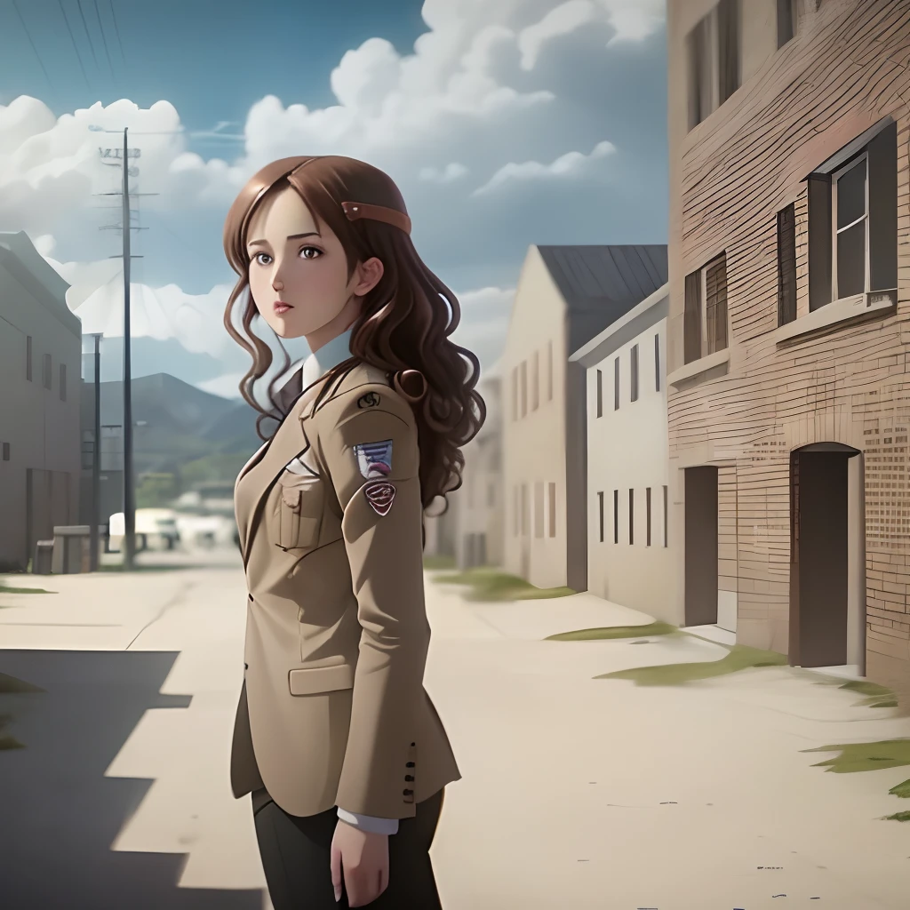 attack on titan screencap of a female with wavy brown hair and brown eyes, beautiful scenery behind her, she is wearing a suit, MAPPA, season 4, with studio screencap