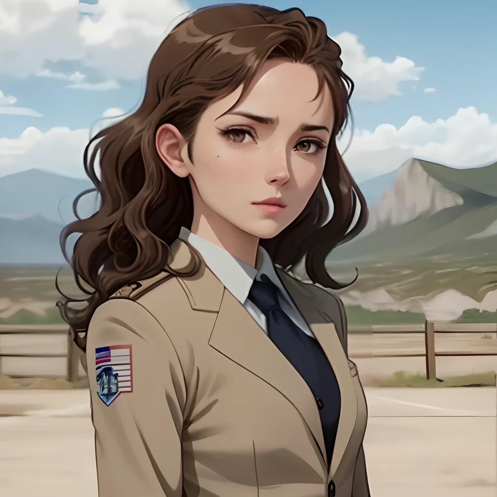 attack on titan screencap of a female with wavy brown hair and brown eyes, beautiful scenery behind her, she is wearing a suit, MAPPA, season 4, with studio screencap