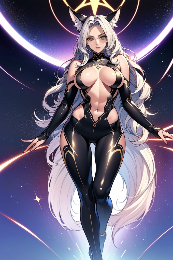 stunningly beautiful Alina Kabaeva face whit Lisa Ann body in her 20 as a pure white and very cute fox beast woman, black rubber suit, tattoos, white long wavy hair, sparkling gold big eyes, abs, great proportions, full body shot, background kaleidoscope, anime, illustration, fantasy, portrait, animification, high resolution, best quality, very high image quality, ultra detailed, hyper realistic, photorealistic