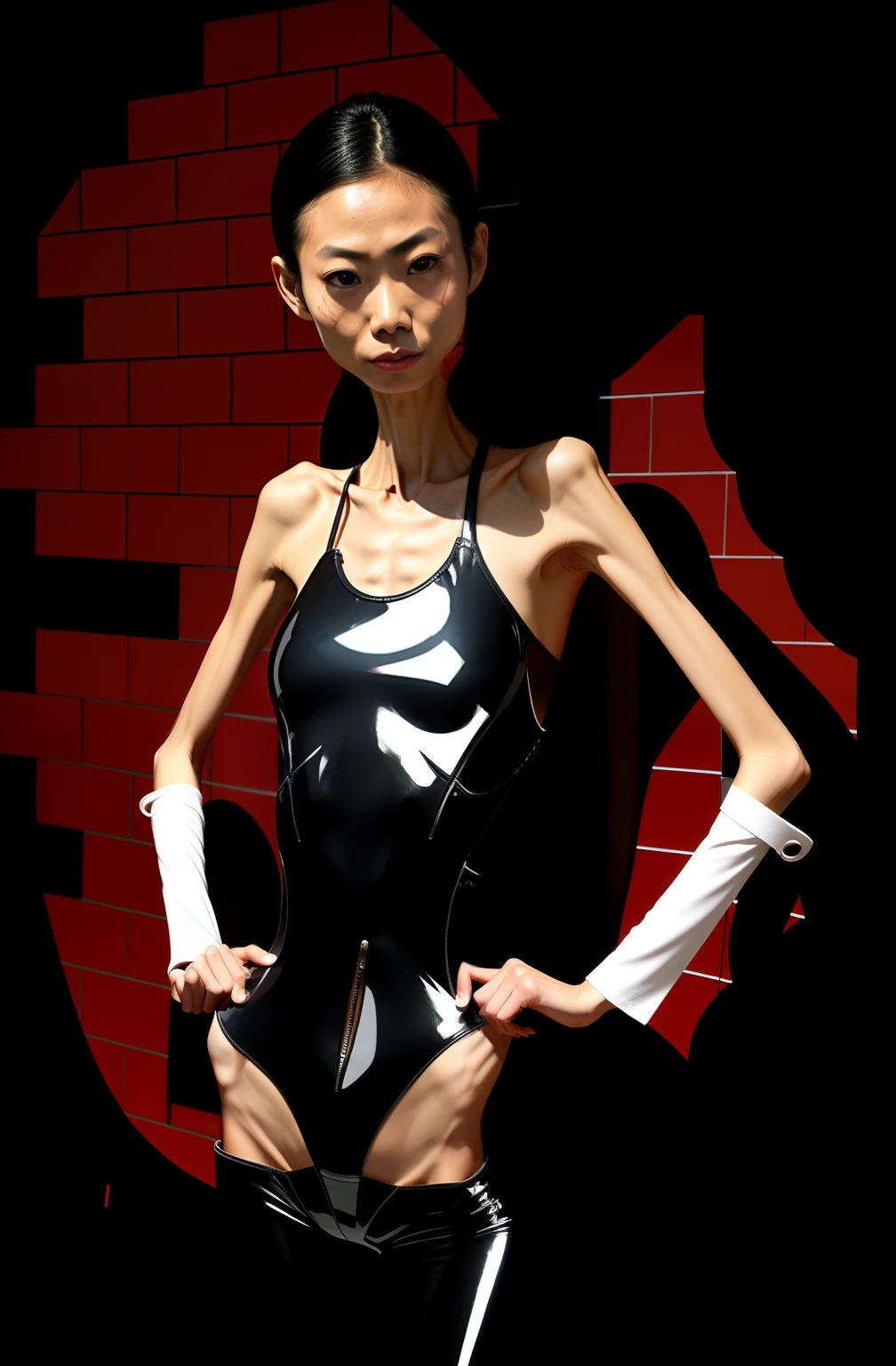 Extremely thin woman, A thin body,Protruding sternum,The waist is slender,The ribs are noticeable,Protruding ribs,The pelvis is very pronouncedly protruding,Protruding hip bones,White skin of the,Delicate arms,Delicate arms,Very slim waist,Inspiratory state,Excessive weight loss,Sunken abdomen,short detailed hair,Haggard face,Wear a tight-fitting one-piece latex suit,Asian face,Muscle atrophy