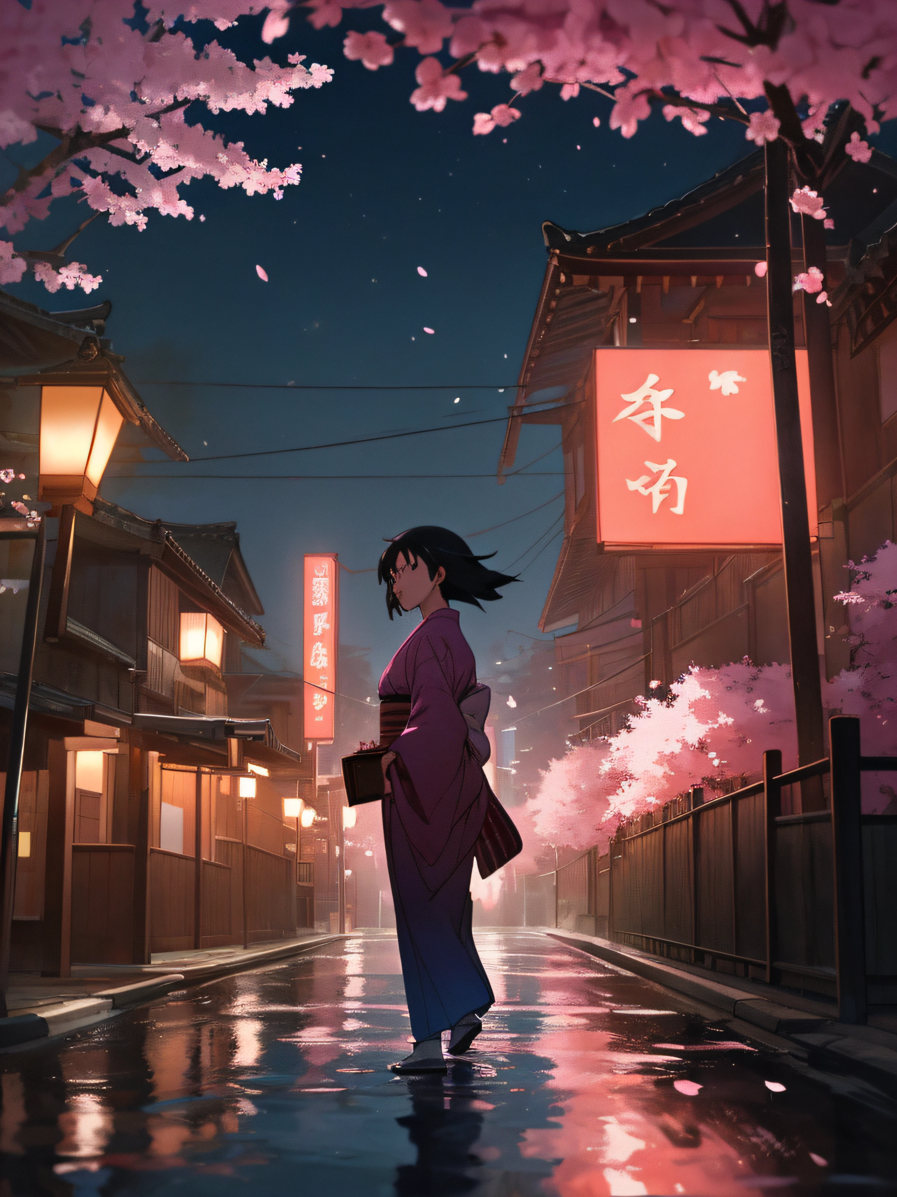 A stunning, vivid view of a realistic Japanese city at night illuminated by a full moon's glow and strings of lanterns, cinematic scene, (cinematic:1.5), extremely detailed. Cherry blossom trees in full bloom line the riverbank, petals blowing gently in the wind. Traditional Japanese architecture and lively city streets bustling with people. Lanterns and neon signs emit a soft warm light that reflects off the water and wet streets. Dramatic nighttime lighting creates a moody, atmospheric scene. Realistic depth of field keeps background softly blurred, draws focus to detailed foreground. (film grain), (by Makoto Shinkai:1.2). Vibrant pinks of cherry blossoms contrast with deep blues and purples of the night sky. No motion blur, crystal clear image, 8k resolution, incredible realism and detail.