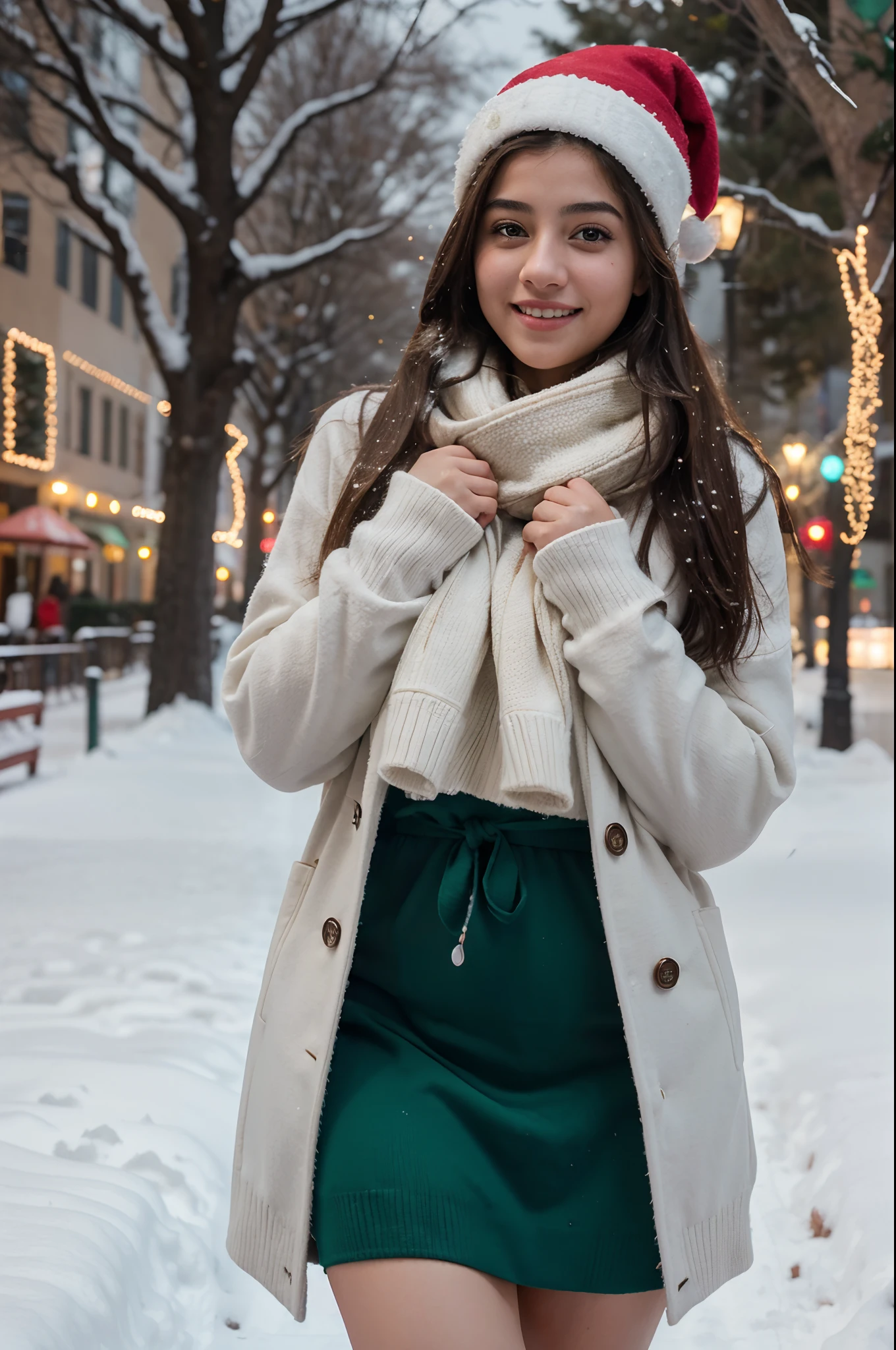 (32K resolution: x1.5), [festive holiday spirit: x1.21], bokeh effect, [winter wonderland: x1.21], film grain style, (ultra-realistic: x1.5, photorealistic: x1.5), joyful character, perfect figure, intricate holiday details, [19-year-old girl: x1.21], (snow-covered city park: x1.2), (Christmas lights and trees as backdrop: x1.3), (enjoying a winter walk: x1.4), (crisp winter evening: x1.2), (warm scarf and gloves: x1.3), [theme of holiday cheer: x1.21], (embracing the festive season: x1.3), specific lighting: (soft glow of holiday lights: x1.4), 35mm film look, [desaturated: x1.21], (color palette of reds, greens, and whites: x1.3), vignette, [Kodachrome: x1.21], Lomography, analog film, [expression of holiday joy: x1.21], tanned skin, (long brown hair: x1.3), hair texture: (flowing with a winter hat: x1.2), makeup: (glowing with a touch of sparkle: x1.4), facial expression: (bright and cheerful: x1.5), body shape: ((curvy, slim waist, visible curves)), [large breasts, busty: x1.5], clothing: (cozy winter sweater: x1.4), [elegantly festive: x1.21], (Ananya Pandey: x1.5), photographed on Canon, lens mm: (55mm for a magical winter scene: x1.4), shallow depth of field, [Kodak Vision Color: x1.21], post-processing: (enhancing the festive atmosphere: x1.5), (capturing the joy of winter: x1.5), resolution: (20K for crisp winter details: x1.3), [exceptionally detailed: x1.21], maximum details, [optimal quality: x1.5], resolution: 32K, RAW, photorealistic, pose: (strolling joyfully: x1.4), body length: (full-length shot amidst the snow: x1.2), direction of model's body and gaze: (smiling towards the camera, surrounded by holiday lights: x1.5), gaze intensity level: (lively and spirited: x1.5), [additional detail: the gentle fall of snowflakes around her: x1.21]