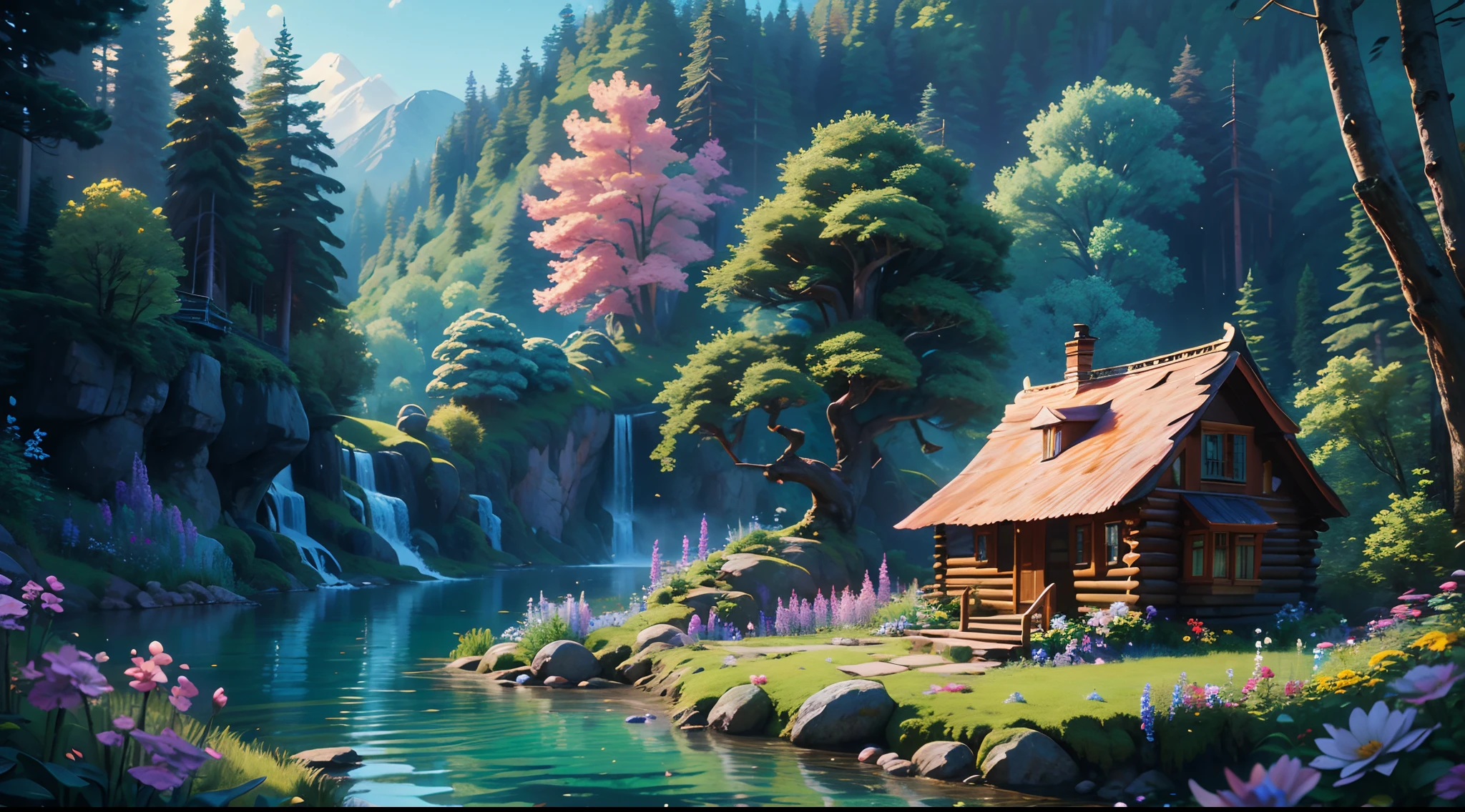 exaggerated and Dynamic scene - A wooden cottage, built on the right side of a small waterfall that flows into a lake on the left side surrounded by rocks and flowers.  The forest in the background has tall trees and the sky is blue, |  digital painting with impressionist style and atmospheric perspective, masterpiece, best quality, best details, 16K