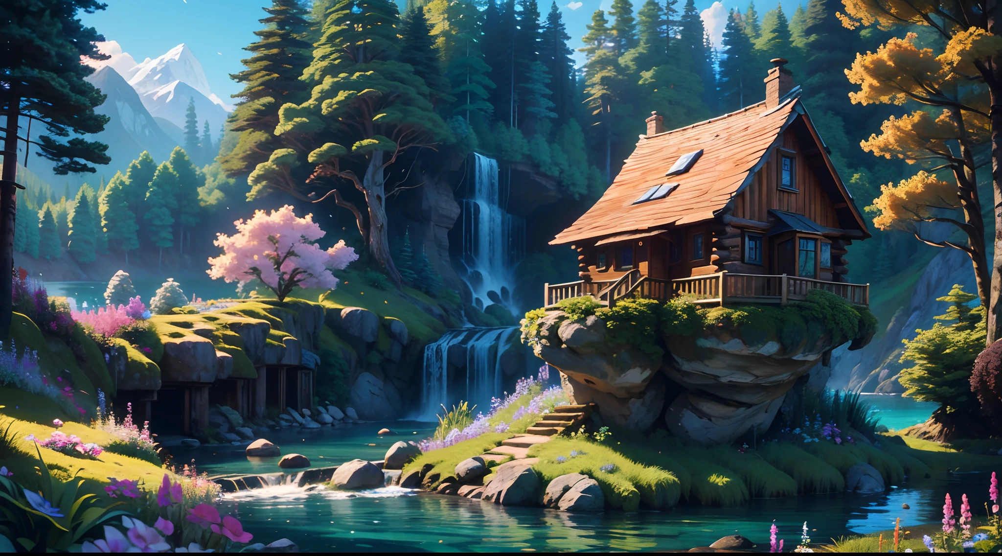 exaggerated and Dynamic scene - A wooden cottage, built on the right side of a small waterfall that flows into a lake on the left side surrounded by rocks and flowers.  The forest in the background has tall trees and the sky is blue, |  digital painting with impressionist style and atmospheric perspective, masterpiece, best quality, best details, 16K