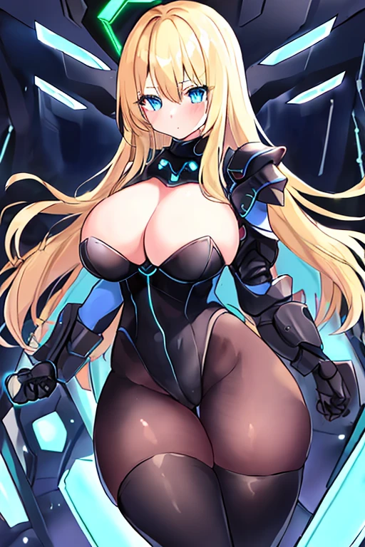 1girl, blonde hair, large breasts, breasts, thick thighs, wide hips, blue eyes, bodysuit, black bodysuit, pantyhose, long hair, serious, science-fiction, tech, futuristic, black pantyhose, thighhighs, neon, machinery, hair ornament, ornament, neon trim, an8me style, 2d, anime screencap, shoulder armor