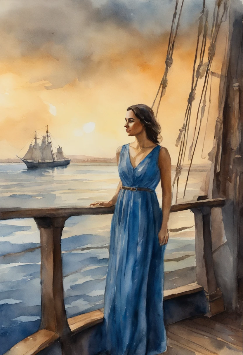 Girl with dark hair in a blue dress, standing on the deck of a ship, looks into the distance, dawning, Light haze, Brooding atmosphere