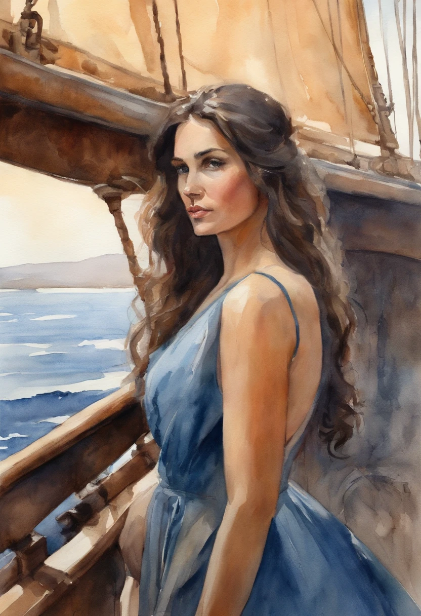 Girl with dark hair in blue dress, Standing on the deck of an old ship, looks into the distance, dawning, Light haze, Brooding atmosphere, sun rising