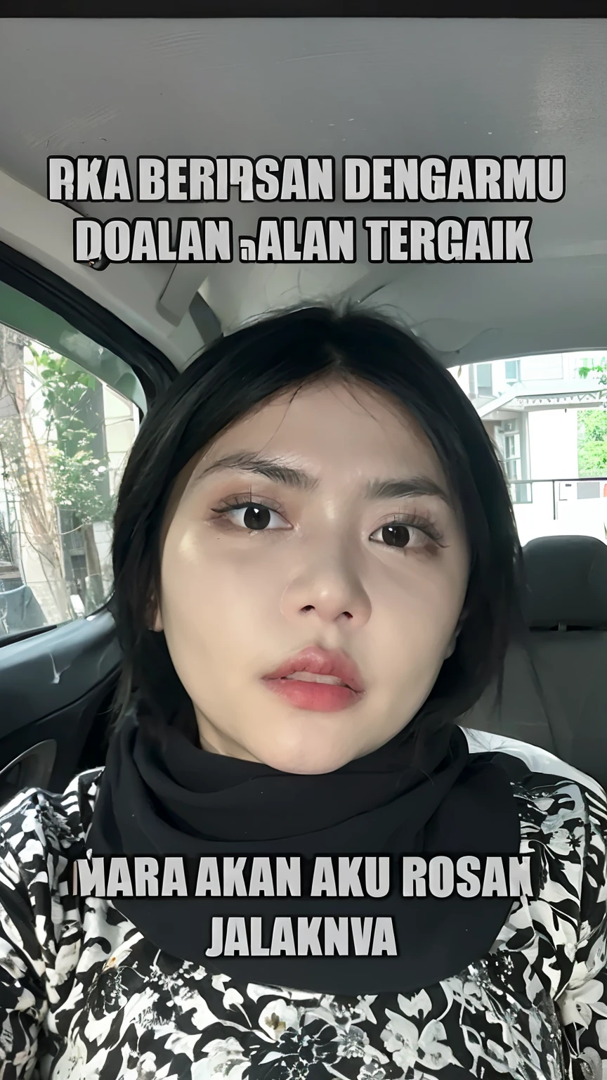 a woman in a black and white dress sitting in a car, with accurate face, her face is coated in a whitish, without makeup, faridah malik, asian face, consistent face, her skin is light brown, her face is coated in a white, clean face, no facial, face picture, ugly appearance, with round face, tired appearance