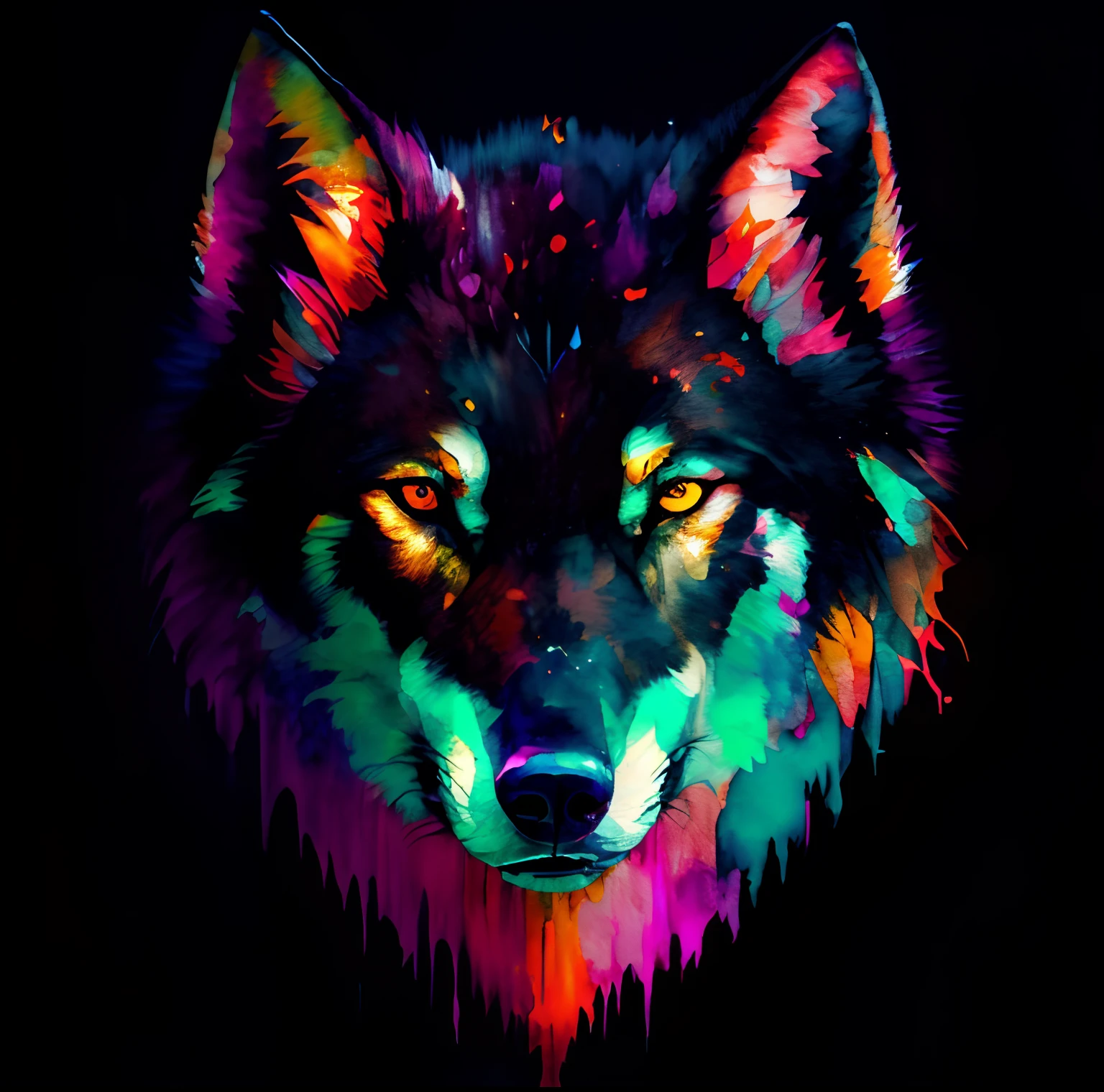 wtrcolor style, Digital art of a wolf face, official art, masterpiece, Beautiful, ((watercolor)), paint splatter, intricate details. Highly detailed, detailed, [dripping:0.5], Trending on artstation, by Rachel Walker, looking like a real painting, centered, frontal, animal, vibrant colours, detailed eyes, paint dripping, black canvas, centered, brush strokes