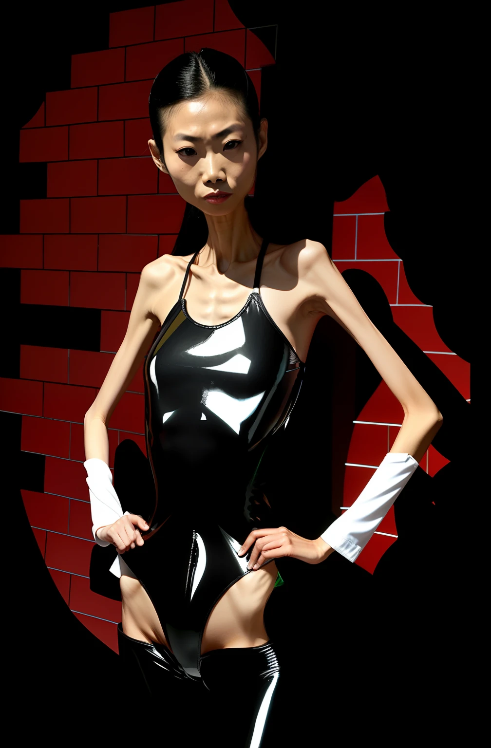 Extremely thin woman, A thin body,Protruding sternum,The waist is slender,The ribs are noticeable,Protruding ribs,The pelvis is very pronouncedly protruding,Protruding hip bones,White skin of the,Big breasts Thin waist,Very slim waist,Excessive weight loss,Sunken abdomen,short detailed hair,Haggard face,Wear a tight-fitting one-piece latex suit,Asian face,Muscle atrophy,A weak expression