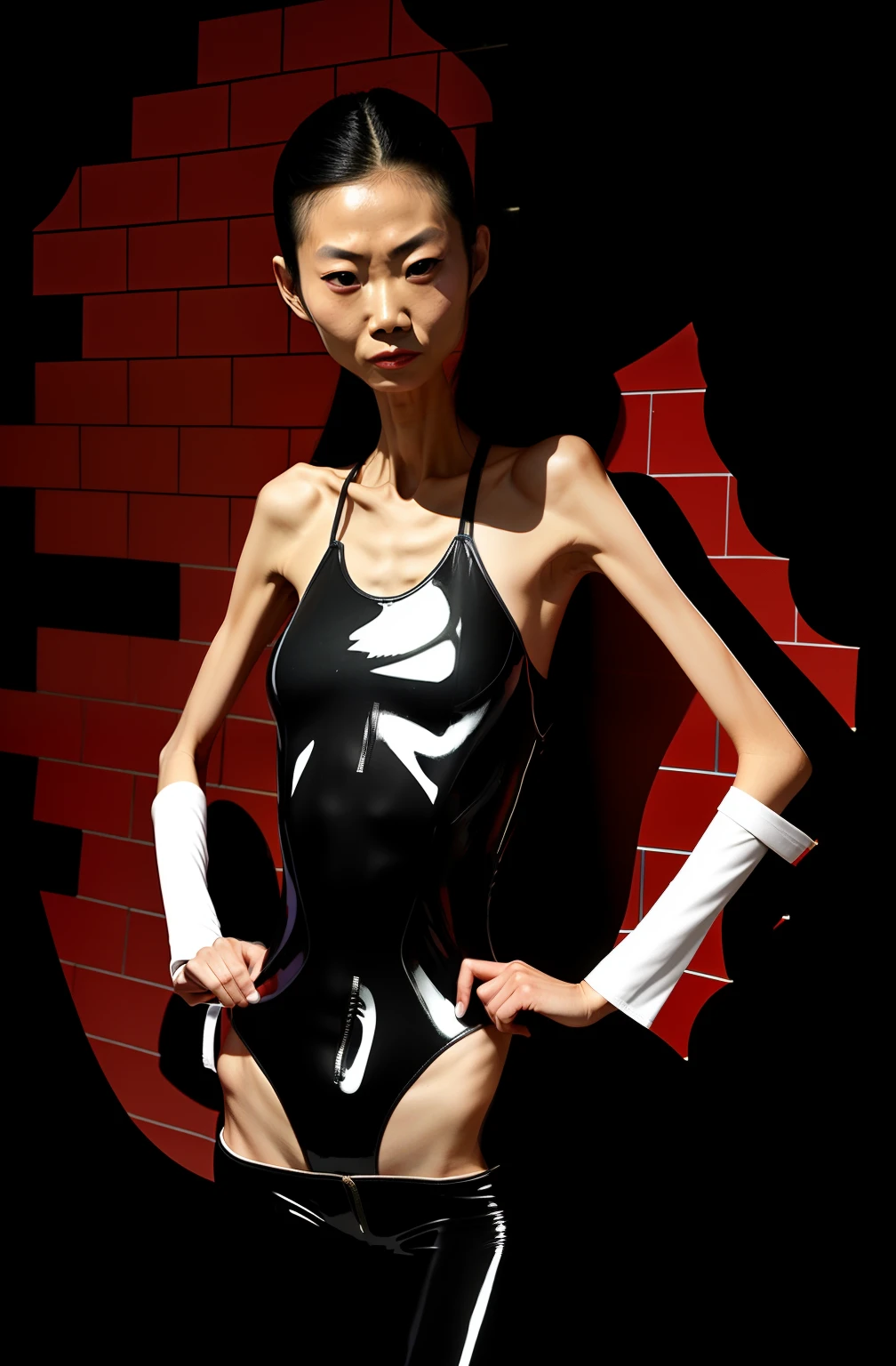 Extremely thin woman, A thin body,Protruding sternum,The waist is slender,The ribs are noticeable,Protruding ribs,The pelvis is very pronouncedly protruding,Protruding hip bones,White skin of the,Big breasts Thin waist,Very slim waist,Excessive weight loss,Sunken abdomen,short detailed hair,Haggard face,Wear a tight-fitting one-piece latex suit,Asian face,Muscle atrophy,A weak expression