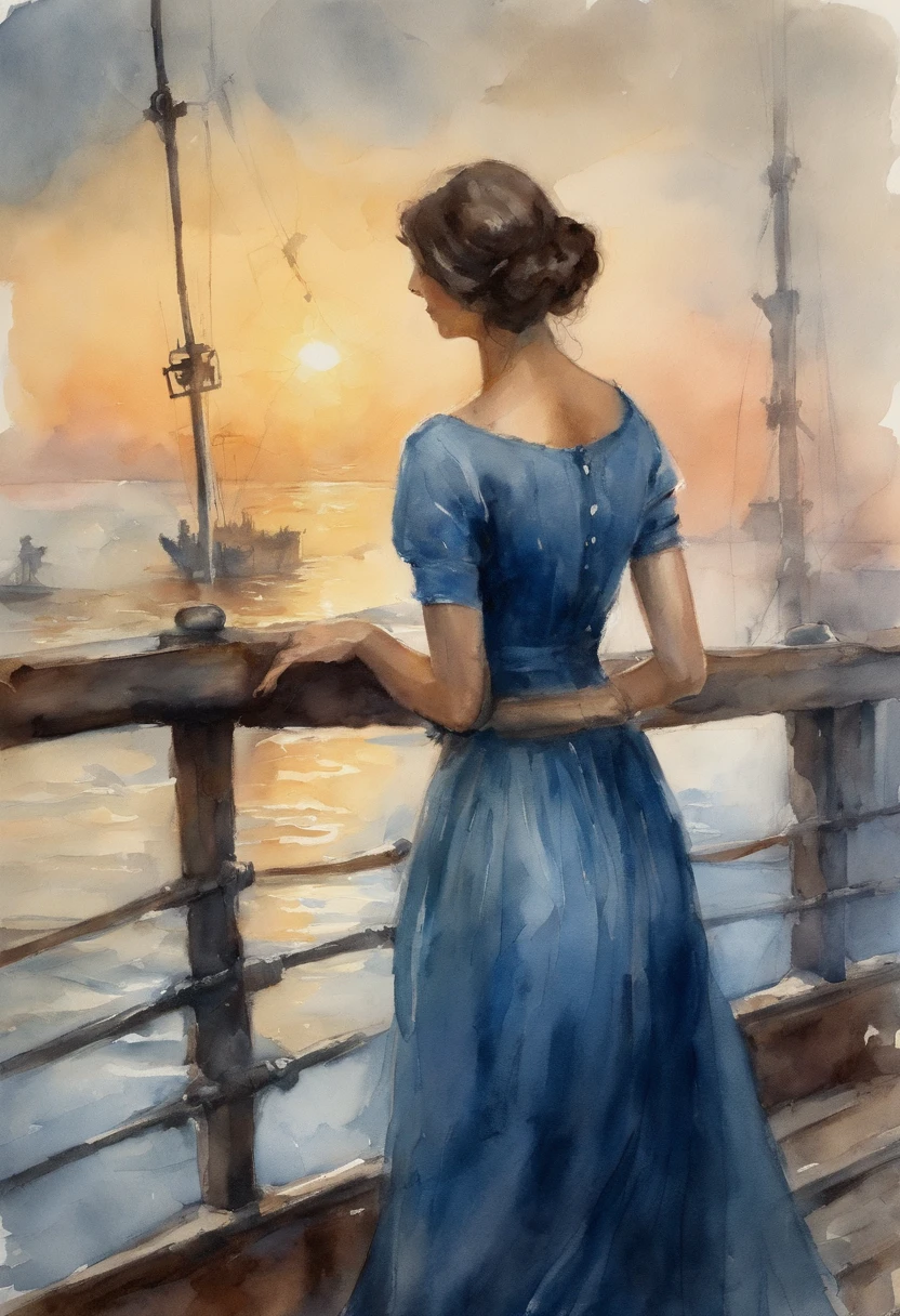 Girl with dark hair in blue dress, Standing on the deck of an old ship, One Ship, looks into the distance, dawning, Light haze, Brooding atmosphere, Sunrise on the sea