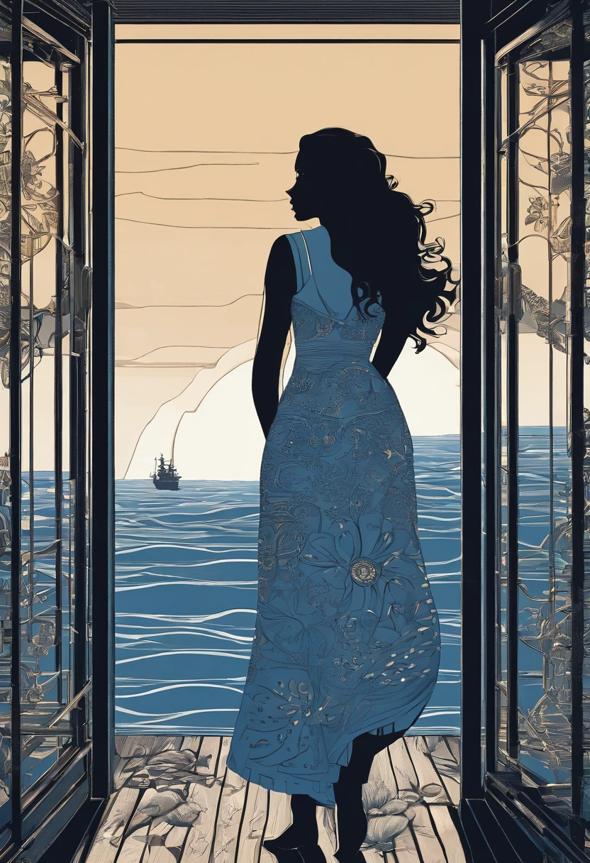 Girl with dark hair in blue dress, Standing on the deck of an old ship, One Ship, looks into the distance, dawning, Light haze, Brooding atmosphere, Sunrise on the sea