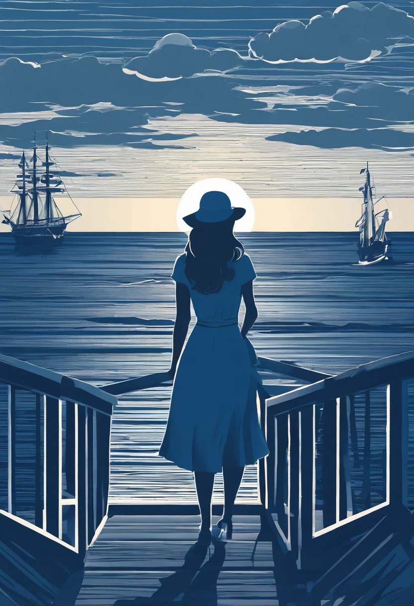 Girl with dark hair in blue dress, Standing on the deck of an old ship, One Ship, looks into the distance, dawning, Light haze, Brooding atmosphere, Sunrise on the sea