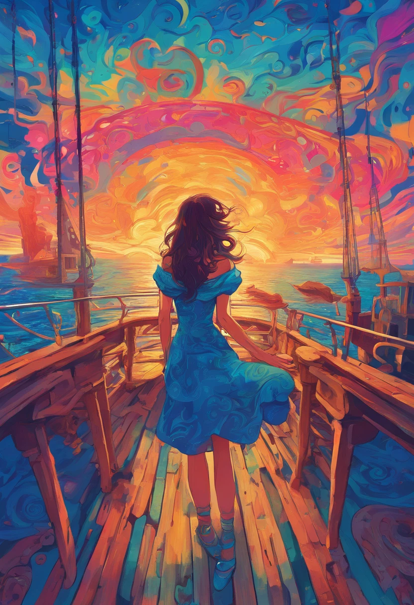 Girl with dark hair in blue dress, Standing on the deck of an old ship, One Ship, looks into the distance, dawning, Light haze, Brooding atmosphere, Sunrise on the sea