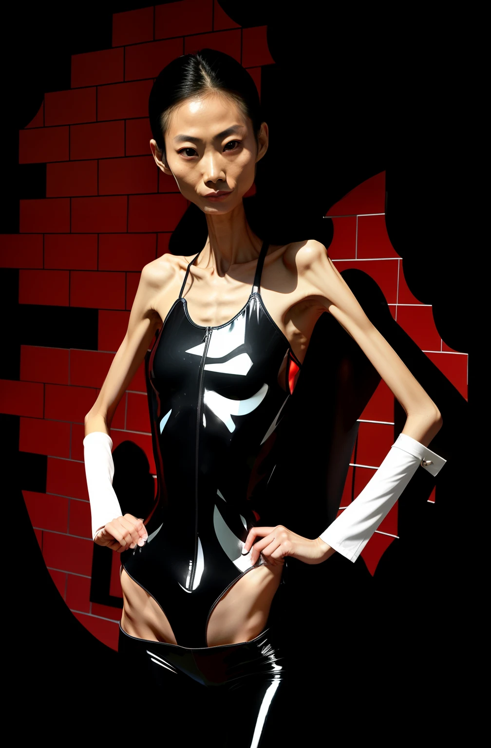 Extremely thin woman, A thin body,Protruding sternum,The waist is slender,The ribs are noticeable,Protruding ribs,The pelvis is very pronouncedly protruding,Protruding hip bones,White skin of the,Delicate arms,Extremely slender arms,Very slim waist,Excessive weight loss,Sunken abdomen,short detailed hair,Haggard face,Wear a tight-fitting one-piece latex suit,Asian face,Muscle atrophy