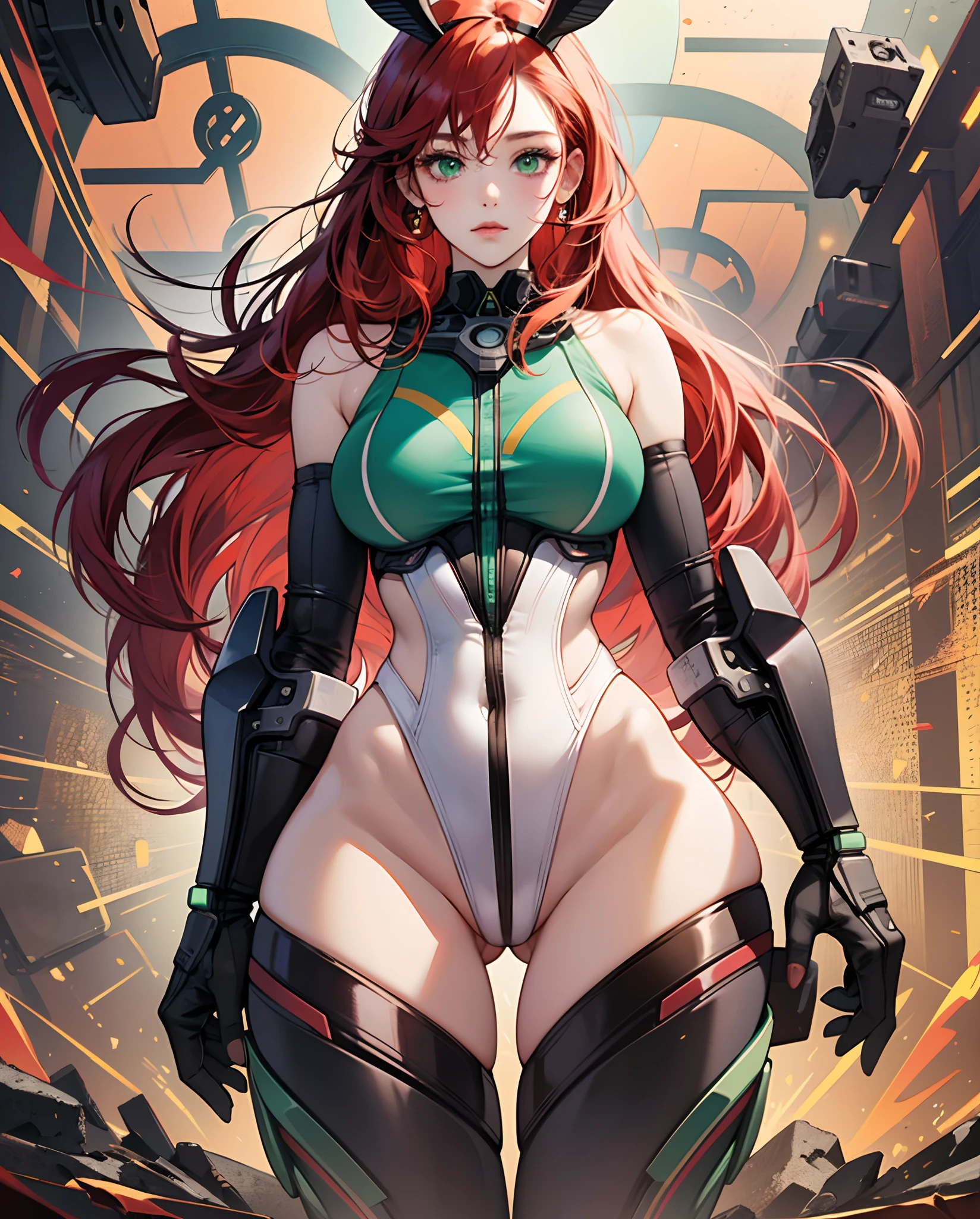 18 years, Redhead girl with fair skin, green cybernetic leotard, wide hip, extreme beauty, full body, best quality, gorgeous green eyes, long flowing red hair, rosy cheeks, porcelain complexion --auto --s2