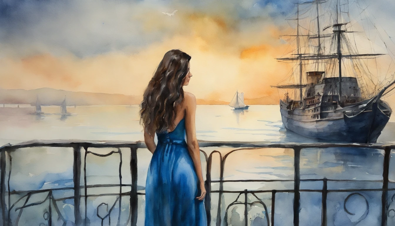 Girl with dark hair in blue dress, Standing on the deck of an old ship, One Ship, looks into the distance, dawning, Light haze, Brooding atmosphere, Sunrise on the sea