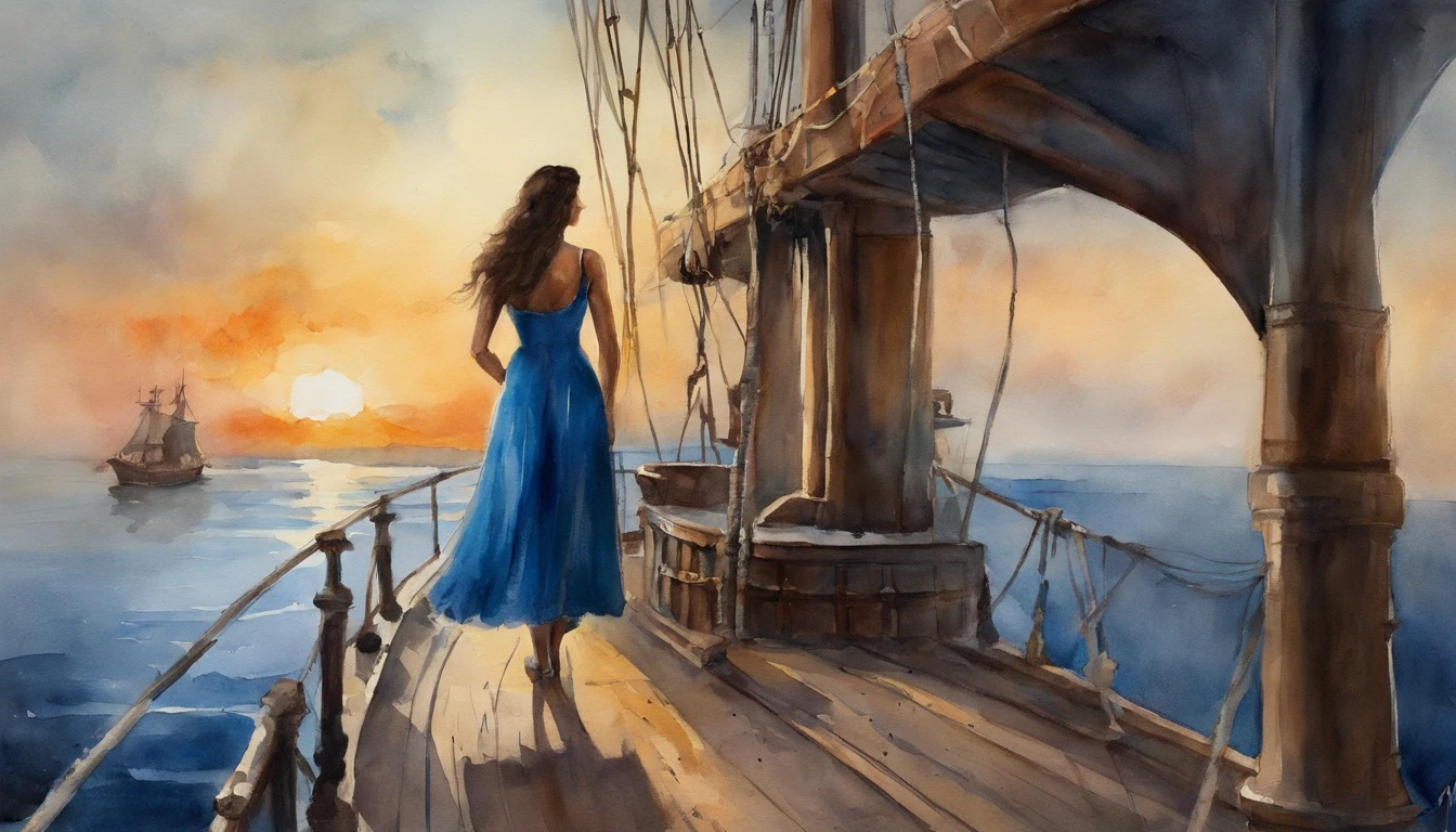Girl with dark hair in blue dress, Standing on the deck of an old ship, One Ship, looks into the distance, dawning, Light haze, Brooding atmosphere, Sunrise on the sea