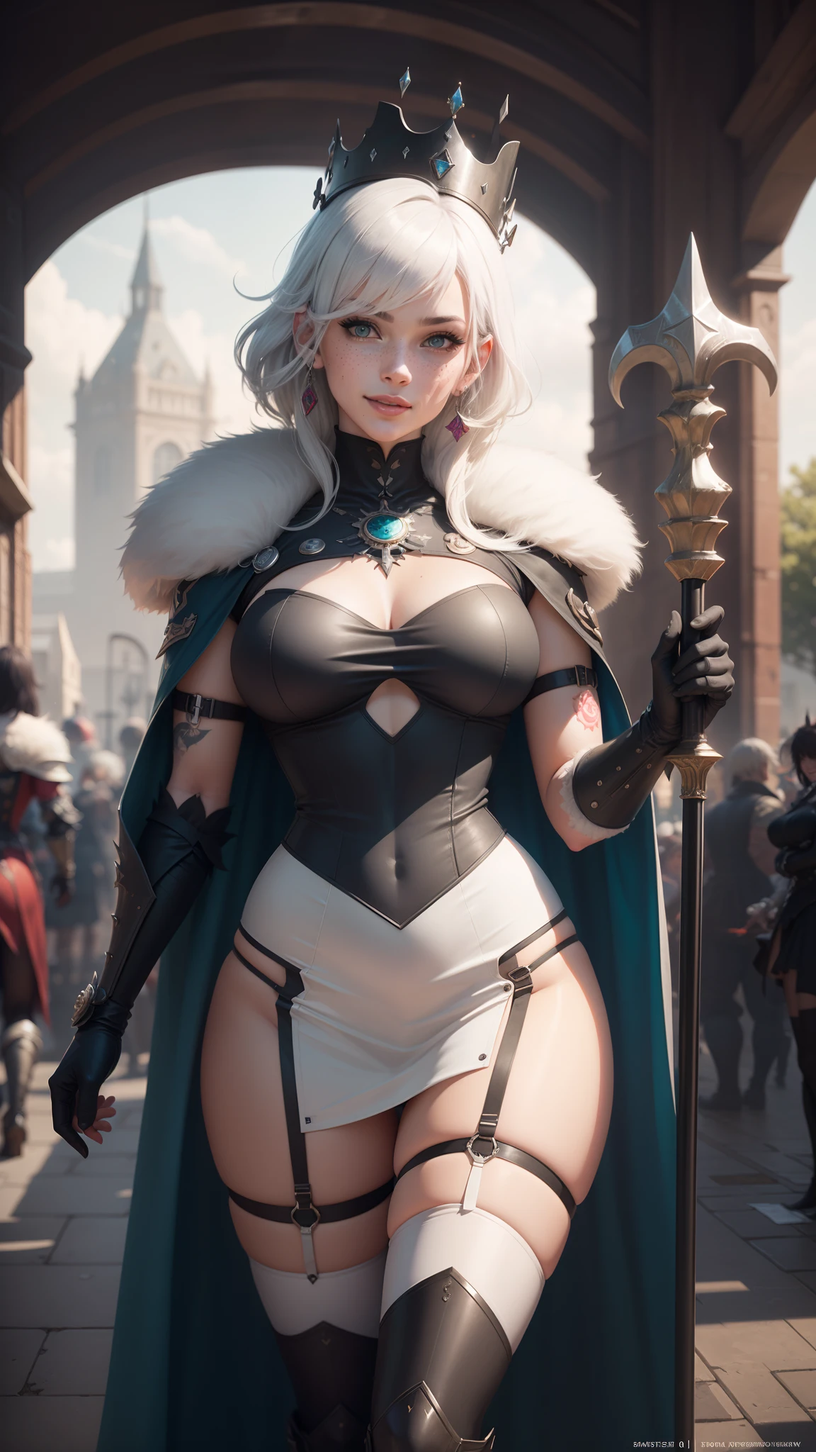 gwen tennyson,y'shtola rhul,yorha 2b, tracer,nier automata,overwatch,close up, mecha pilot,space garden,tattoos,blue and rose plugsuit,white short sleeve victorian bodycon top,victorian goth bodycon dress,white garter belt,lycra corset,short hair,punk makeup,green eyes,multicolored silver hair,sexy smile, freckles,beautiful girl,large breasts,8k, ultra detailed,realistic,fantasy art,fur armor,steel armor,queen uniform,queen cape,ear piercings,hair pin,saiyan girl, saiyan female,queen crown,castle flags, queen scepter,shield maiden,