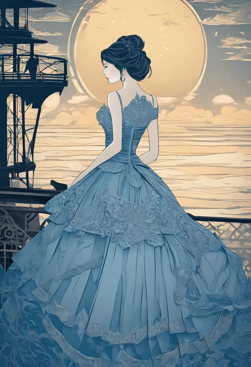 Girl with dark hair in blue ball gown, Standing on the deck of an old ship, One Ship, looks into the distance, dawning, Light haze, Brooding atmosphere, Sunrise on the sea