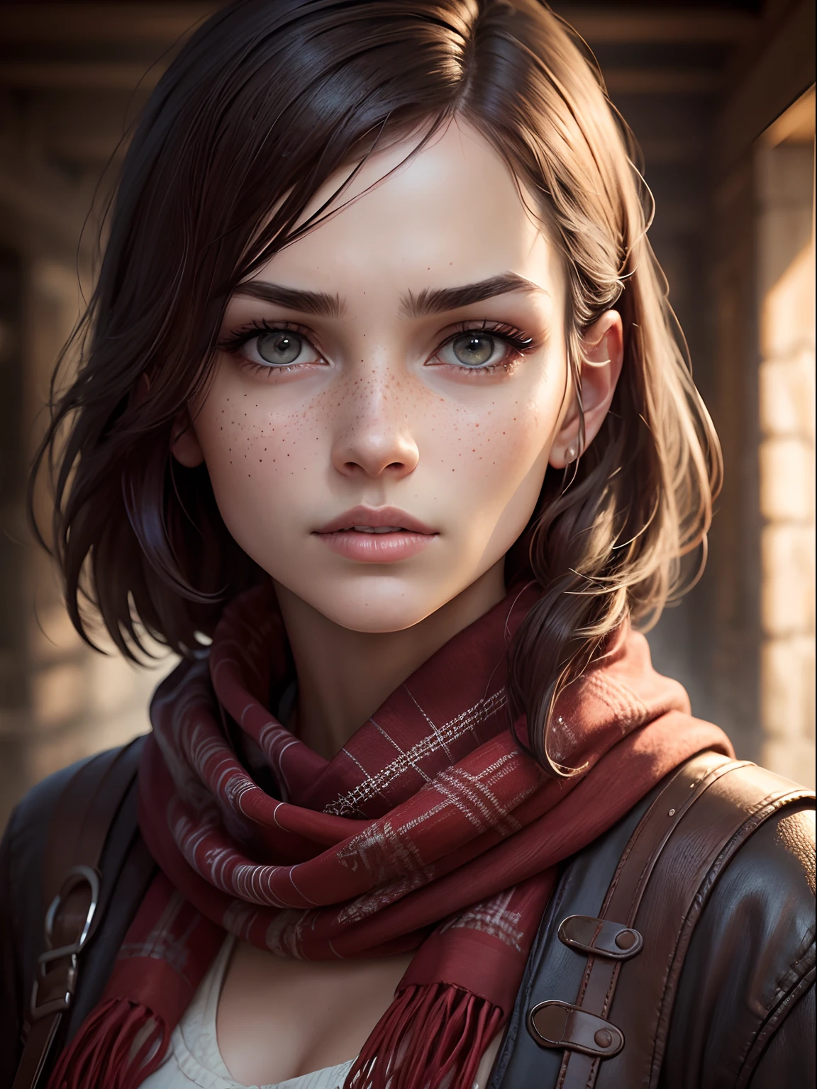 A photorealistic portrait of a young woman, looking straight at viewer, Slavic features, Russian, wide jaw, strong chin, closeup, close-up, with light makeup, extremely detailed brown eyes, freckles, dark brown hair cut in a 'bob' style, hair framing face, mischevious expression, one eyebrow raised, A detailed symmetrical realistic face, red keffiyeh, tatty waterproof jacket, highly detailed natural texture, master piece, absurdes, extremly detailed, astonishing, fine detail, couleurs riches, Hyper realistic texture, dramatic lighting