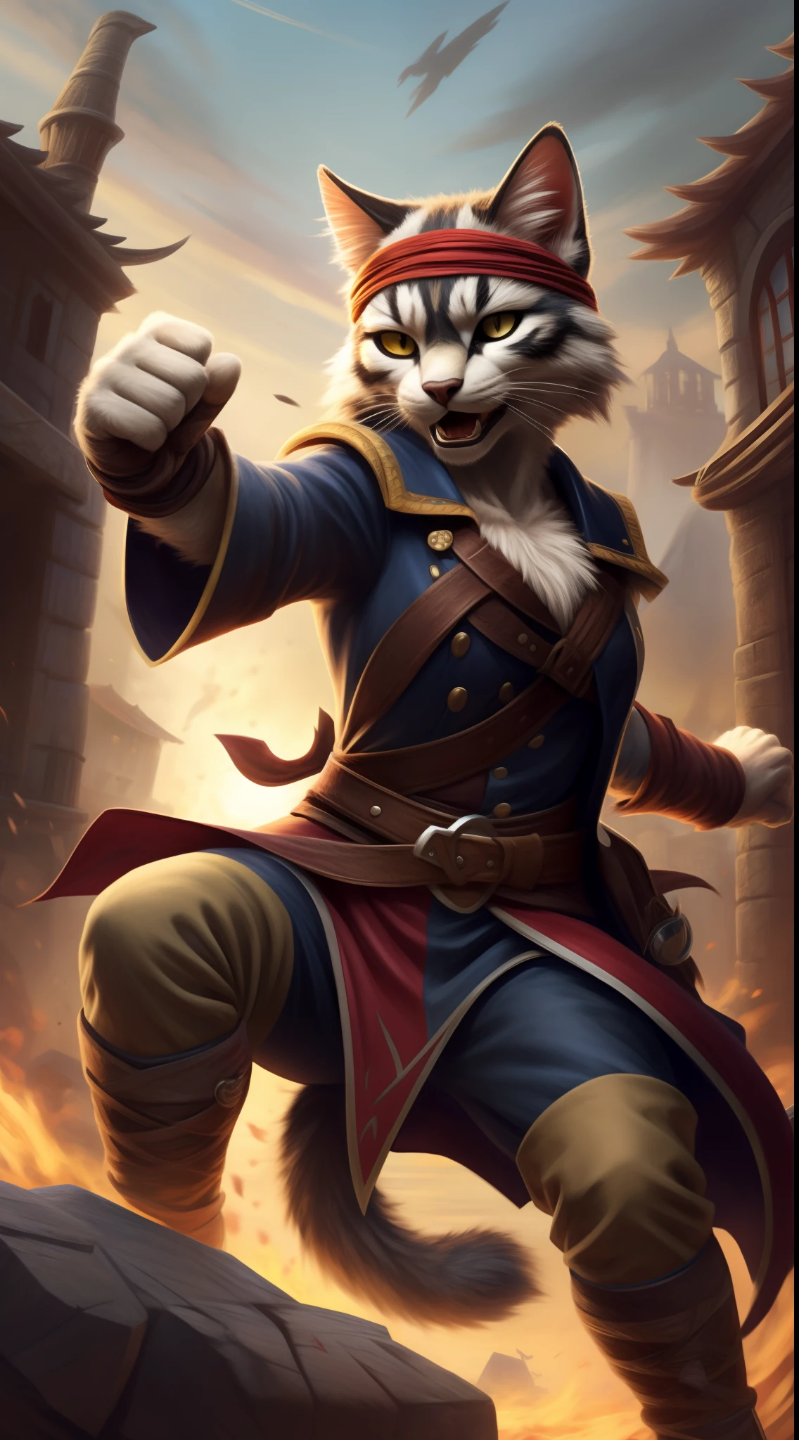 masterpiece, (1girl:1.5), dungeons and dragons character, character portrait, tabaxi girl, (furry), fluffy body and ears, female body, wearing pirat uniform, wearing pirate the headband, one eyed, one eye band, pirate cat, cat pirate, town background, dakr ambient, vivid color, details, fight scene, fight, action pose, smiling, happy face expression