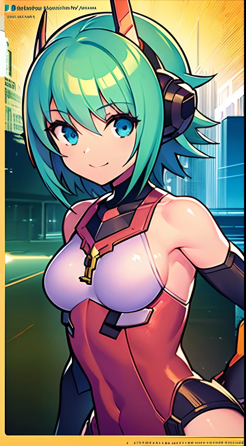 1girl, a close up of an anime girl with green hair and pink outfit running, short hair, blue eyes, smiling, elbow gloves, black gloves, mecha headgear, cushart krenz key art feminine, inspired by Krenz Cushart, cushart kenz, art deco outrun anime aesthestic, gainax anime style, krenz cushart and artgerm, high detailed official artwork, by Krenz Cushart, guilty gear art style