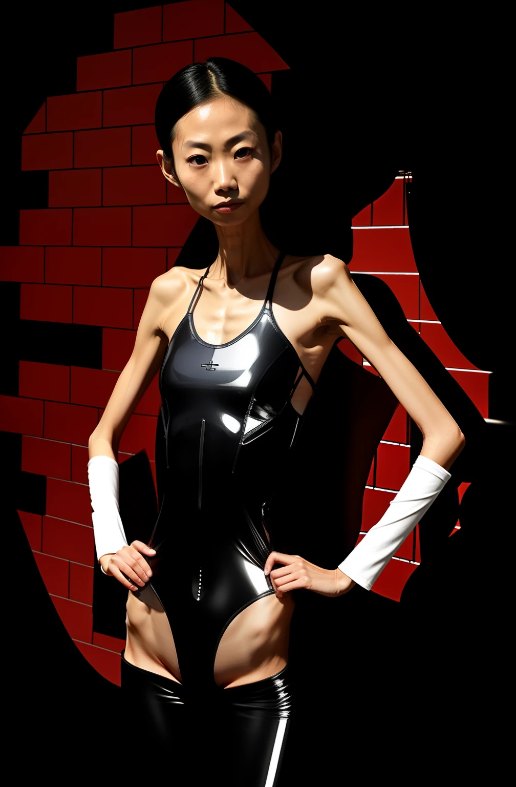 Extremely thin woman, A thin body,Protruding sternum,The waist is slender,The ribs are noticeable,Protruding ribs,The reflection of the ribs is very clear,The ribs are sharply distinguished,The pelvis is very pronouncedly protruding,Protruding hip bones,White skin of the,Very slim waist,Excessive weight loss,Sunken abdomen,short detailed hair,Haggard face,Wear a tight-fitting one-piece latex suit,Asian face,Muscle atrophy throughout the body,Delicate arms