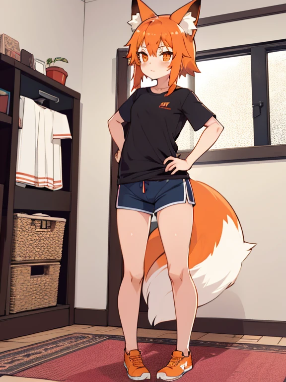 1girl, T-shirt and shorts, Indoors, straight-on, full - body, Fox Girl, orange hair, Hands Behind Your Back, Senko-san