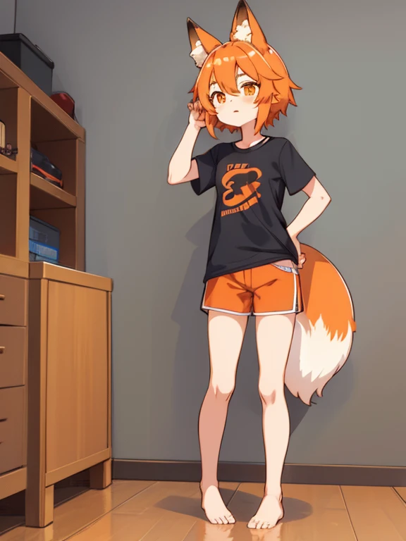 1girl, T-shirt and shorts, Indoors, straight-on, full - body, Fox Girl, orange hair, Hands Behind Your Back, Senko-san