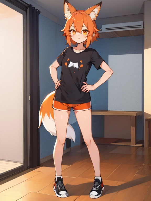 1girl, T-shirt and shorts, Indoors, straight-on, full - body, Fox Girl, orange hair, Hands Behind Your Back, Senko-san